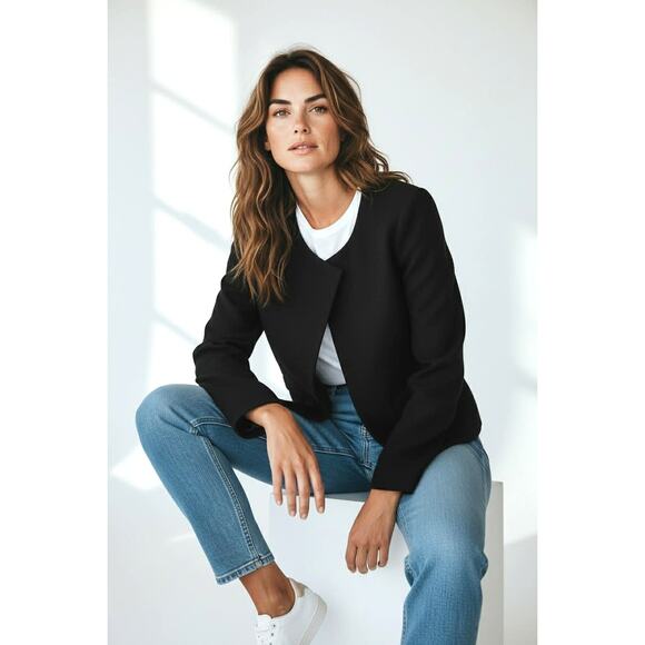 NWT LOFT Ann Taylor 6P Black Wool Blend Jacket Blazer 2 Snap Front Zip Cuff - Picture 3 of 5